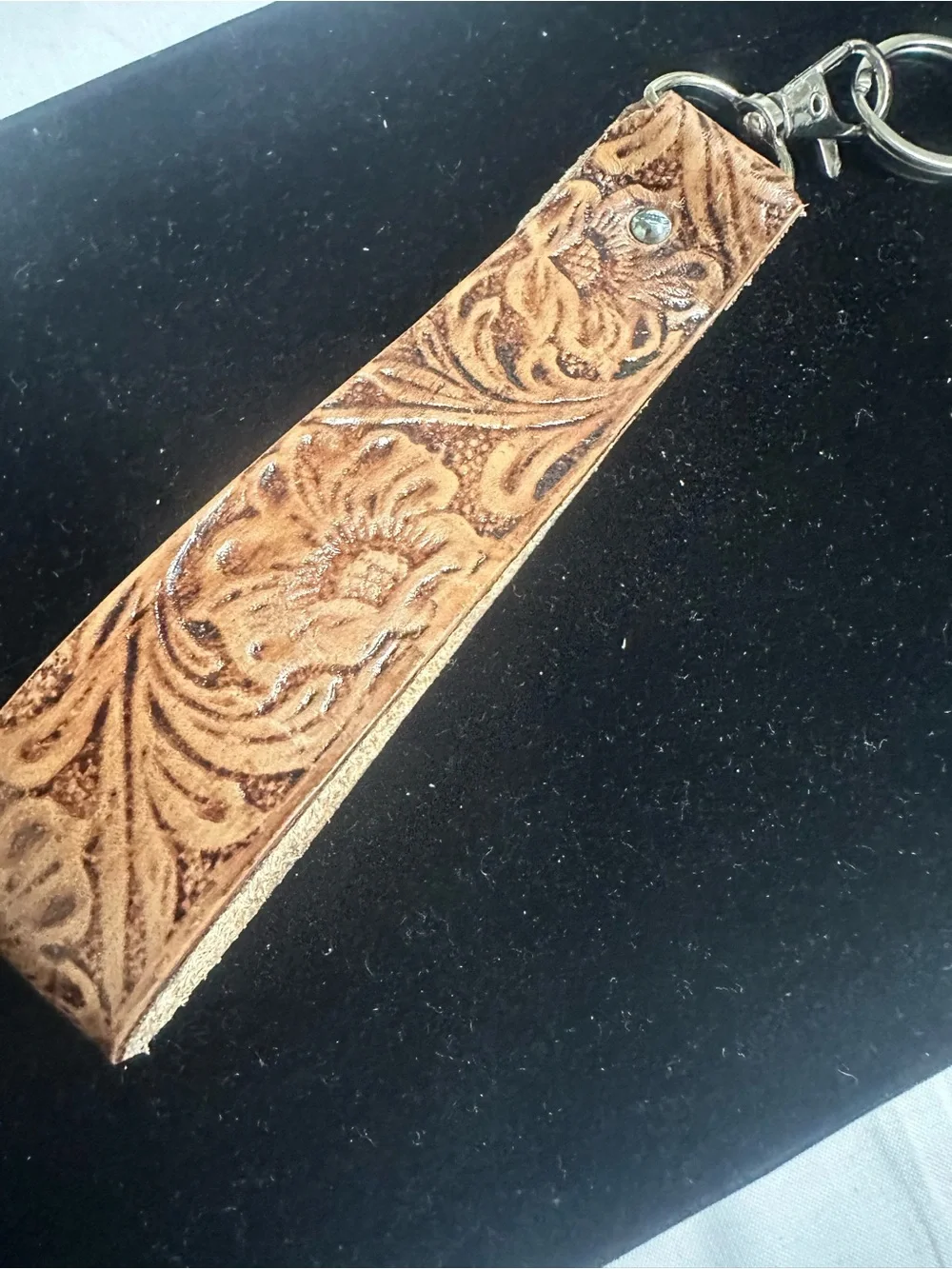 Tooled Leather Key Fob Wristlet with Turquoise Accent - Tan
